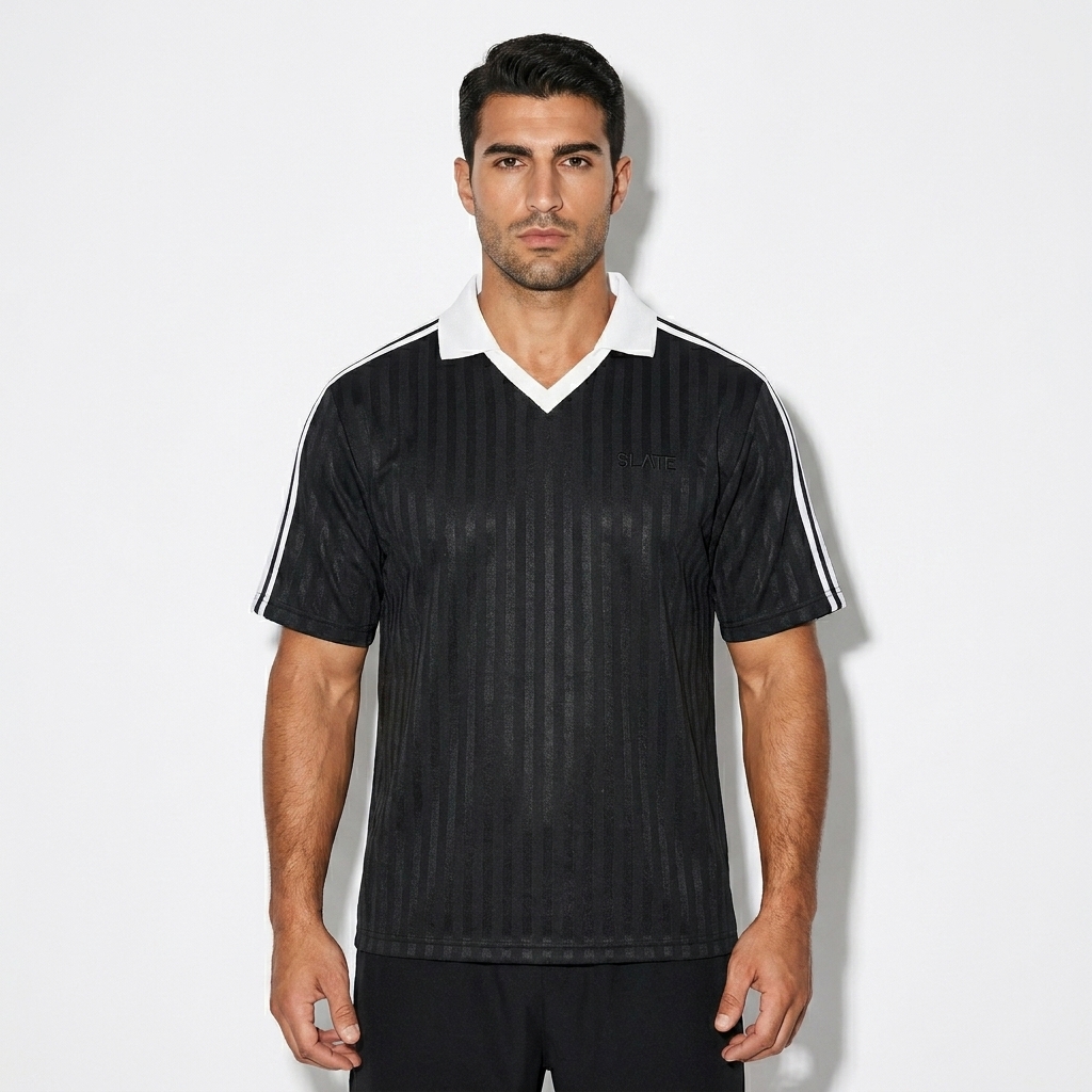 Contrast Collar Striped Soccer Jersey worn by a broad-shouldered Mediterranean male fashion influencer, gorpcore outdoor styling, studio lookbook — custom contrast collar striped soccer jersey