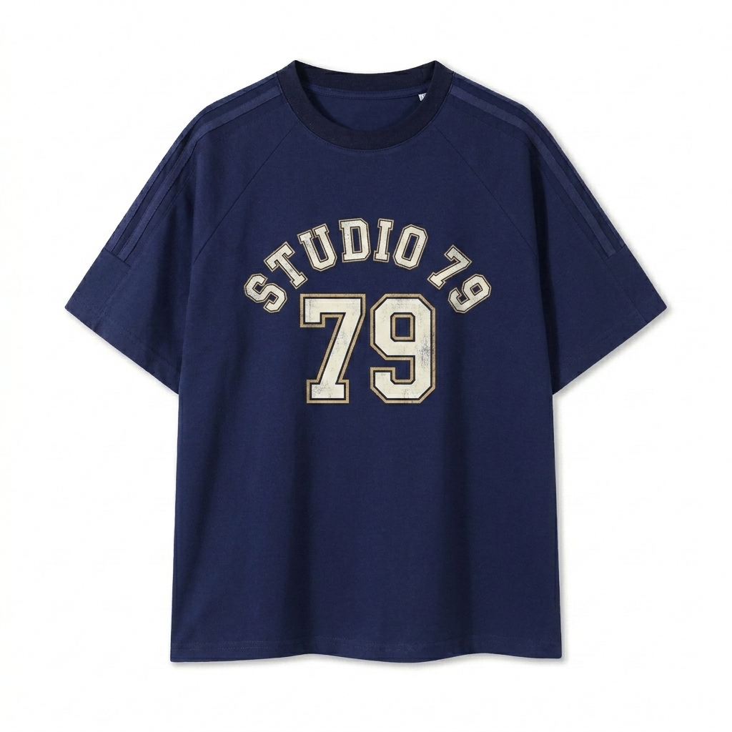 Custom Contrast Tape Crewneck T-Shirt design direction 3: Retro Collegiate Emblem featuring the STUDIO 79 wordmark