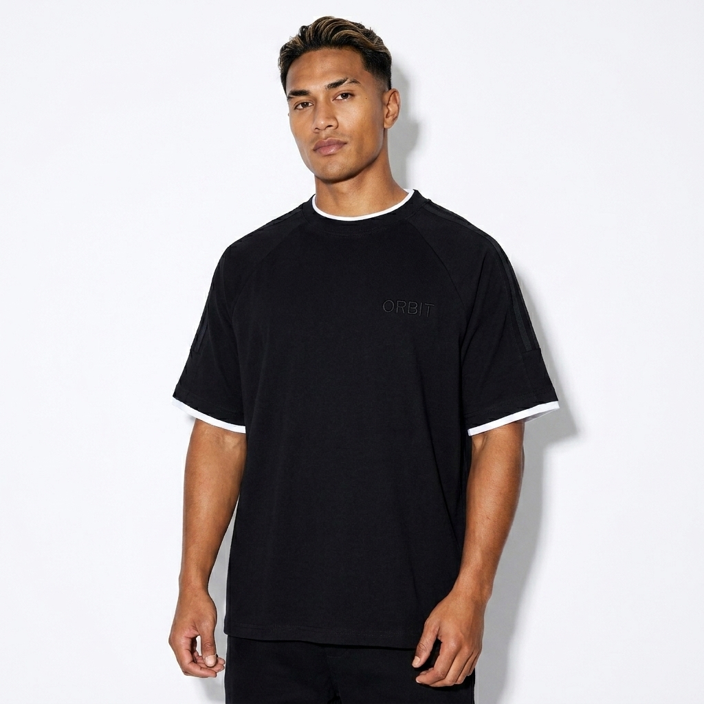Contrast Tape Crewneck T-Shirt worn by a lean Pacific Islander male fashion influencer, gorpcore outdoor styling, studio lookbook — custom contrast tape crewneck t-shirt