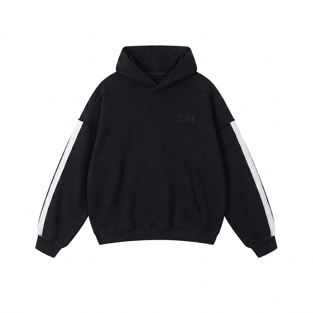 Custom Double-Layered Raw Edge Hoodie design direction 1: Tonal Minimalist Wordmark featuring the SLATE wordmark