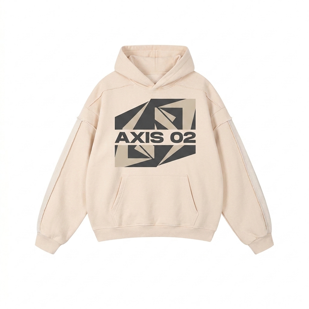 Custom Double-Layered Raw Edge Hoodie design direction 2: Bold Abstract Graphic featuring the AXIS 02 wordmark