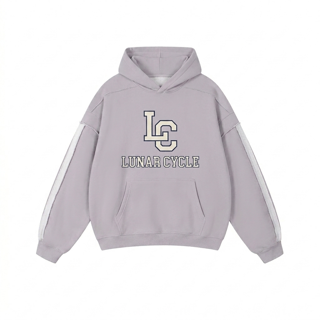 Custom Double-Layered Raw Edge Hoodie design direction 3: Retro Collegiate Emblem featuring the LUNAR CYCLE wordmark