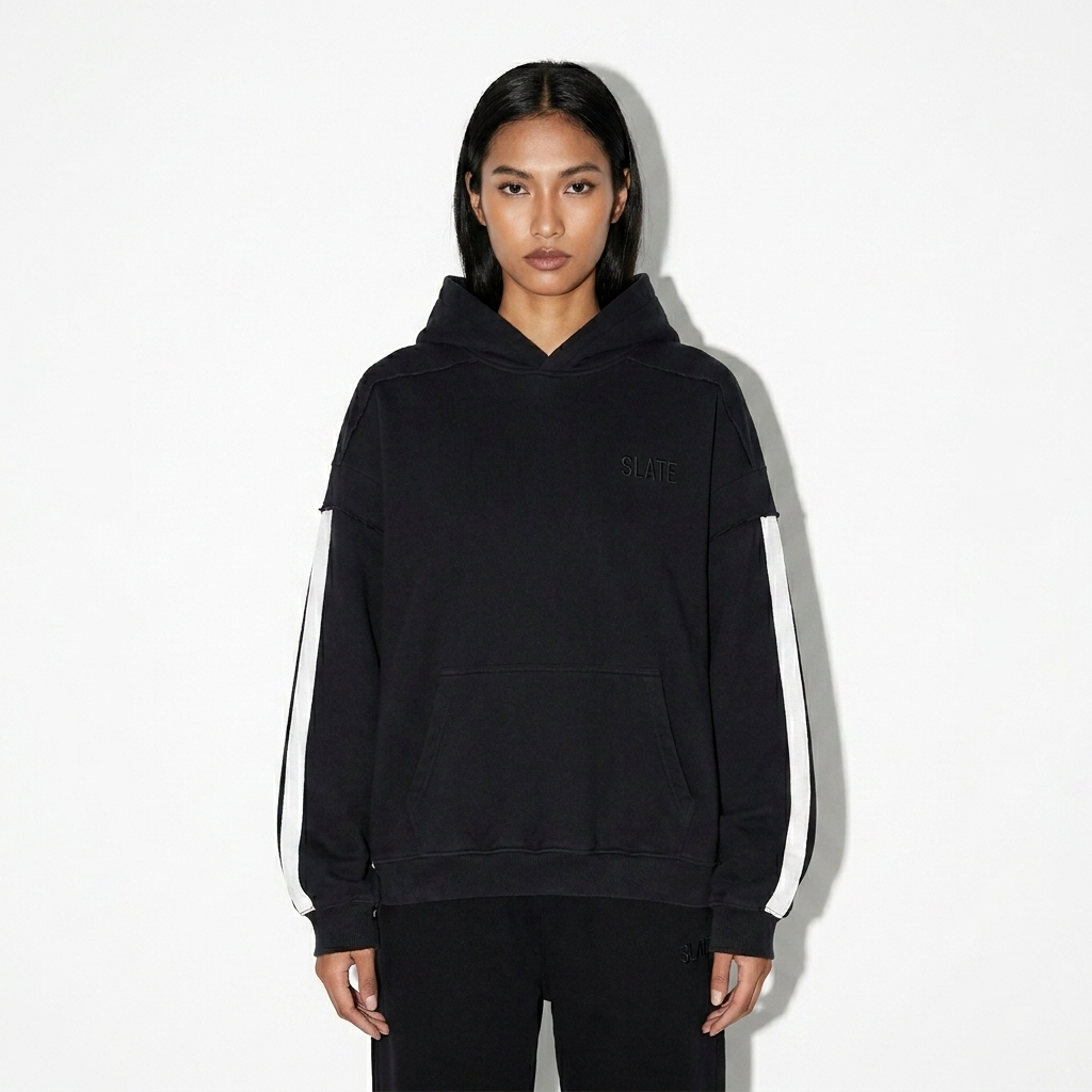 Double-Layered Raw Edge Hoodie worn by a slim tall Southeast Asian female fashion influencer, workwear utility styling, studio lookbook — custom double-layered raw edge hoodie