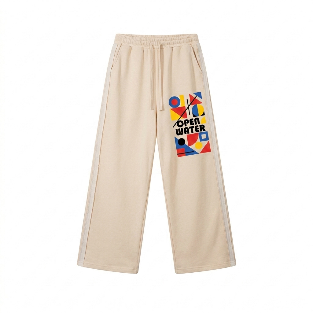 Custom Contrast Tape Straight-Leg Sweatpants design direction 2: Geometric Patchwork featuring the OPEN WATER wordmark