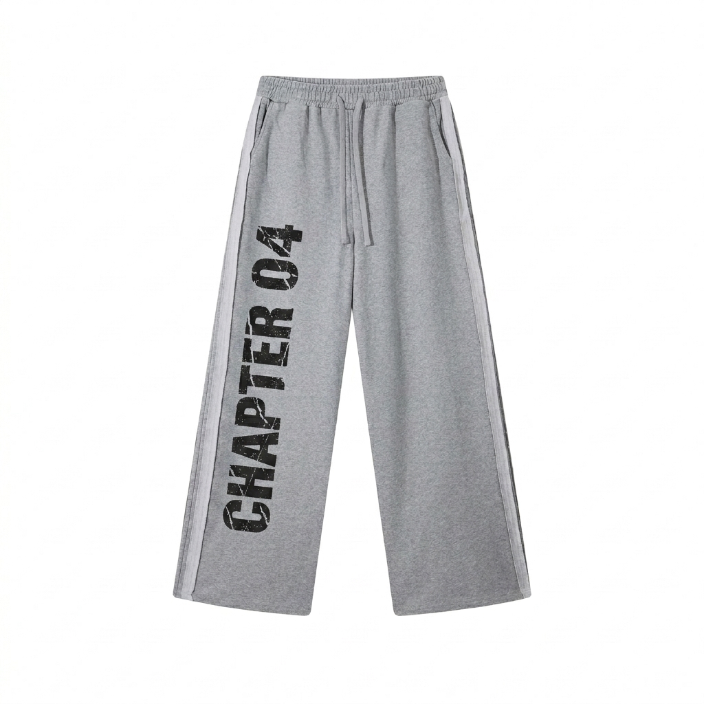Custom Contrast Tape Straight-Leg Sweatpants design direction 3: Distorted Statement featuring the CHAPTER 04 wordmark
