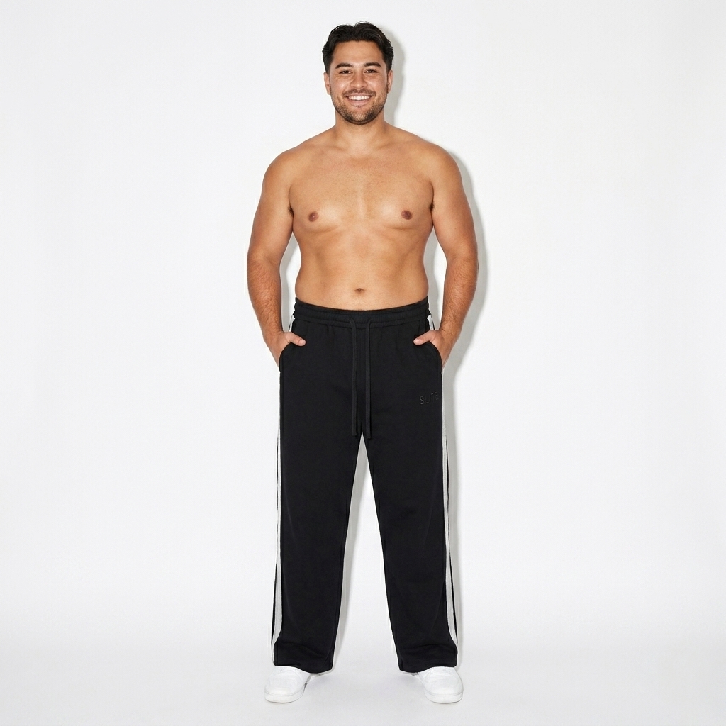 Contrast Tape Straight-Leg Sweatpants worn by a curvy Australian male fashion influencer, y2k revival styling, studio lookbook — custom contrast tape straight-leg sweatpants