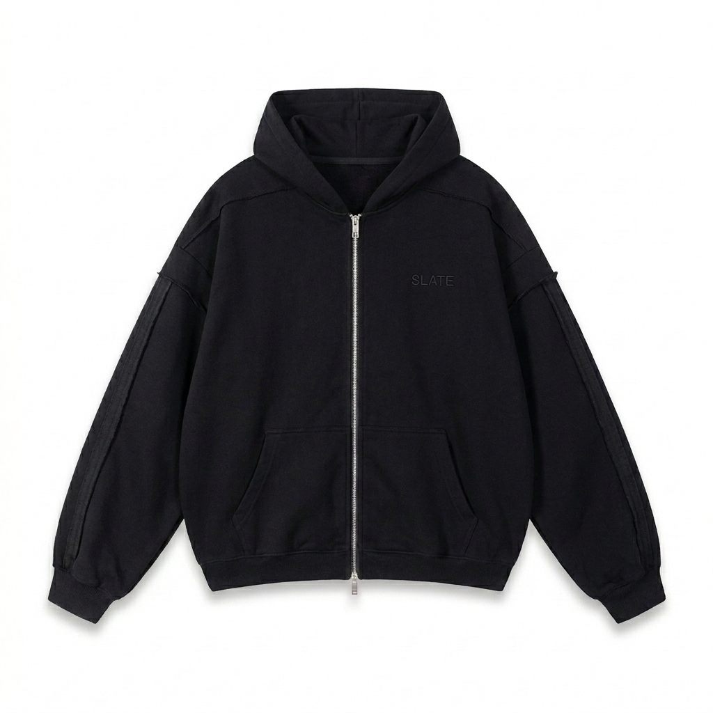 Custom Contrast Tape Zip Hoodie design direction 1: Tonal Luxe Wordmark featuring the SLATE wordmark