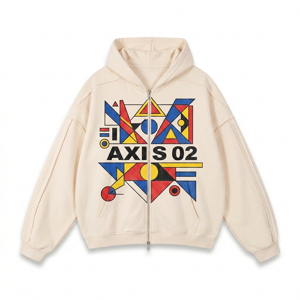 Custom Contrast Tape Zip Hoodie design direction 2: Abstract Geometric Graphic featuring the AXIS 02 wordmark