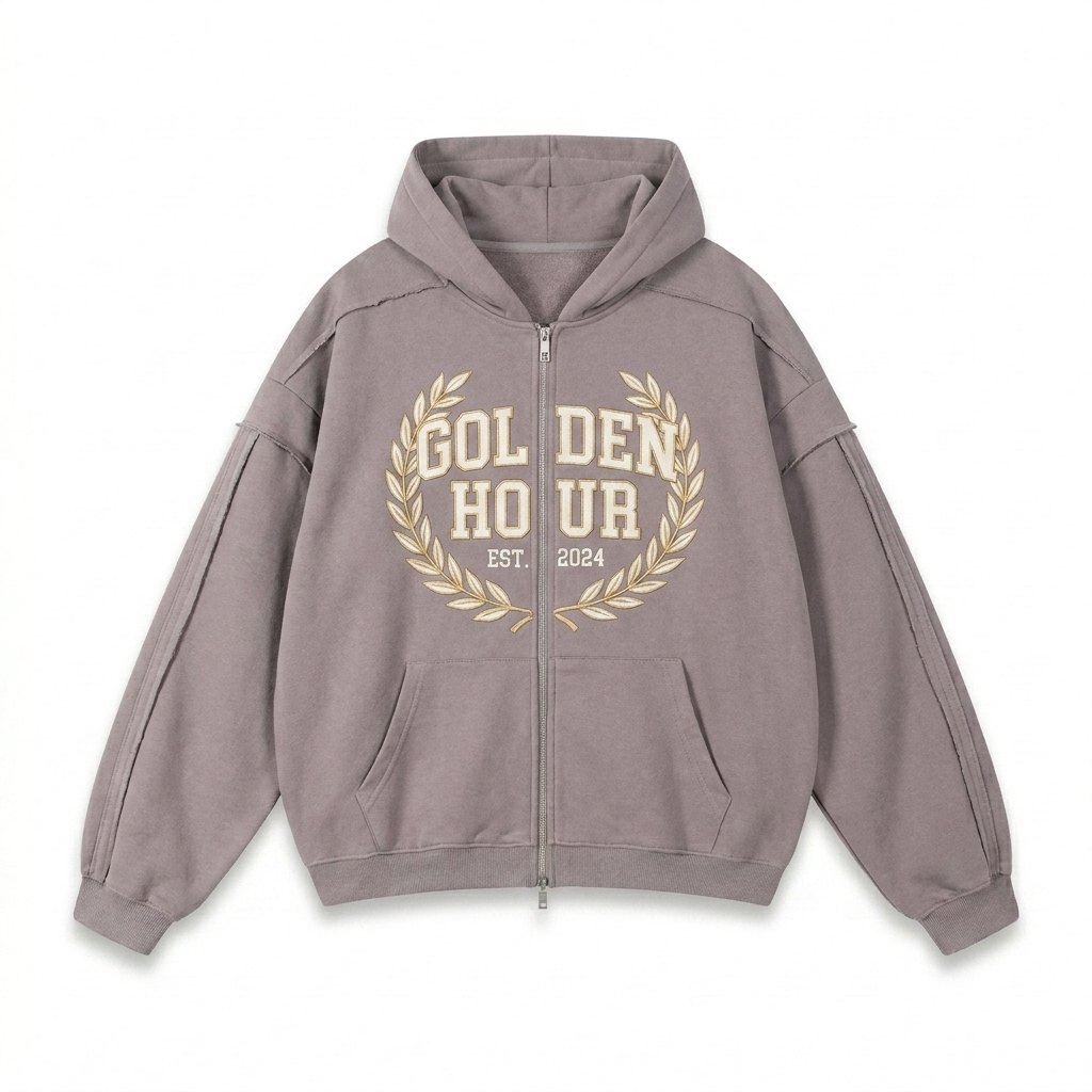 Custom Contrast Tape Zip Hoodie design direction 3: Vintage Collegiate Emblem featuring the GOLDEN HOUR wordmark