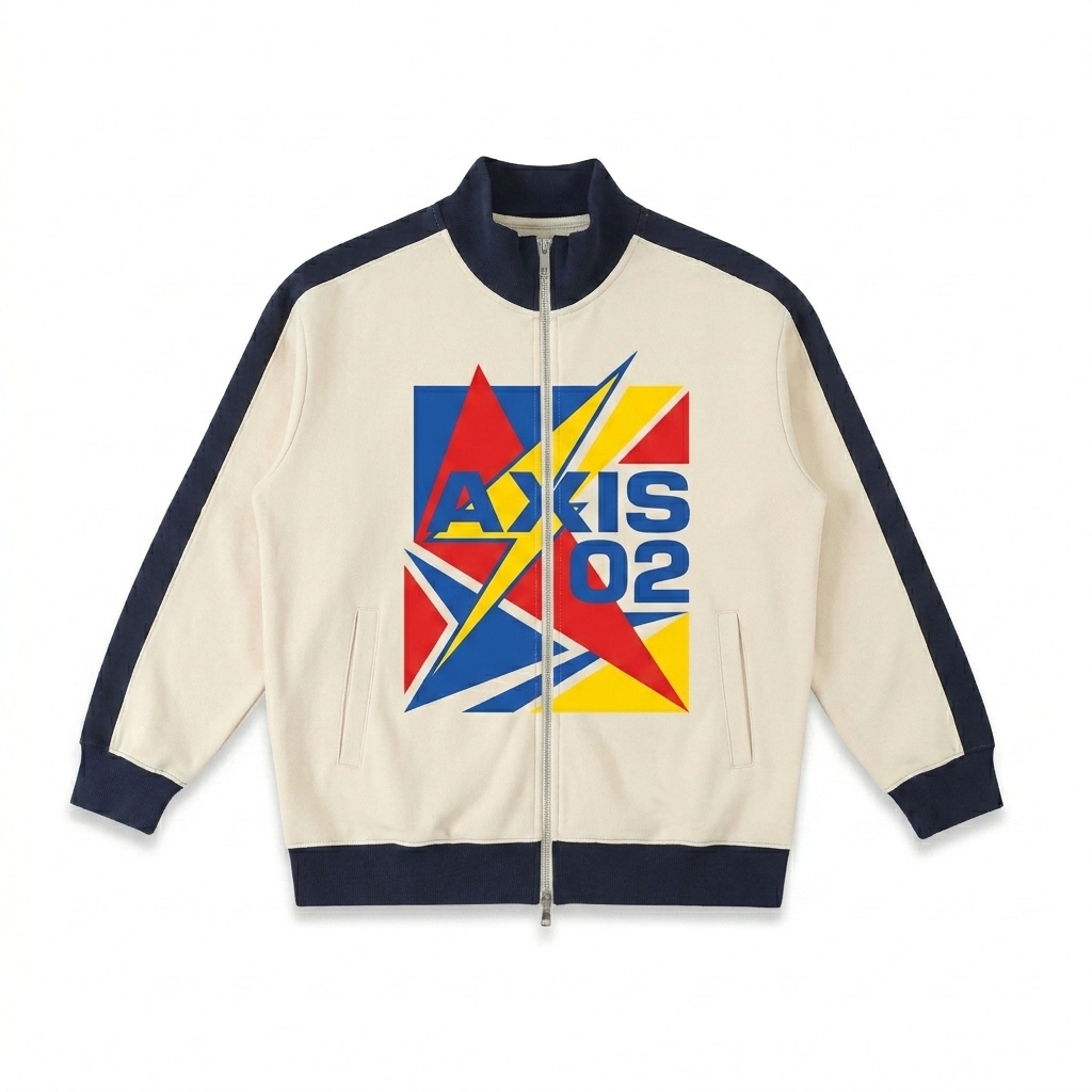 Custom Contrast Trim Stand Collar Jacket design direction 2: Bold Abstract Graphic featuring the AXIS 02 wordmark
