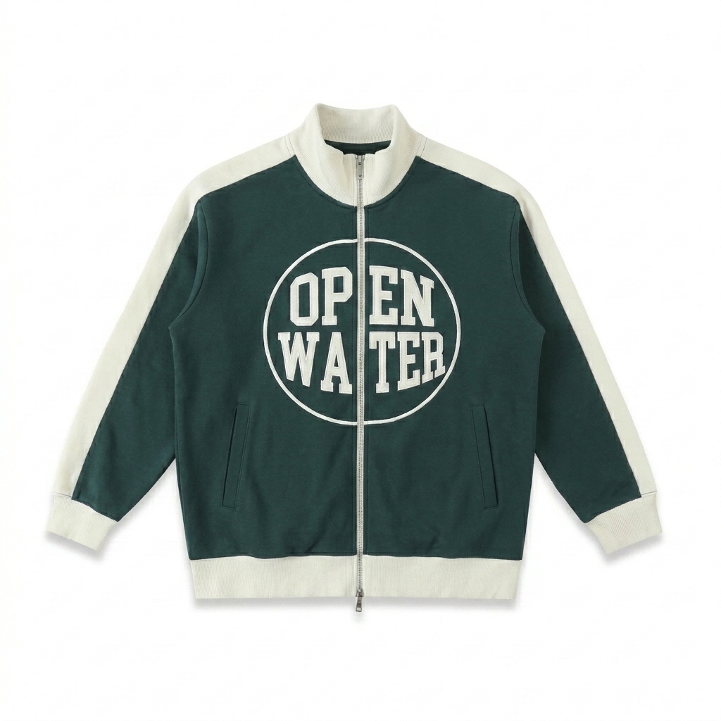 Custom Contrast Trim Stand Collar Jacket design direction 3: Retro Collegiate Emblem featuring the OPEN WATER wordmark