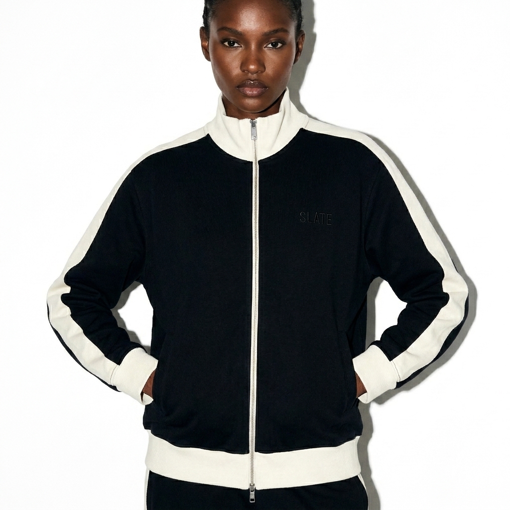 Contrast Trim Stand Collar Jacket worn by a broad-shouldered East African female fashion influencer, downtown streetwear styling, studio lookbook — custom contrast trim stand collar jacket