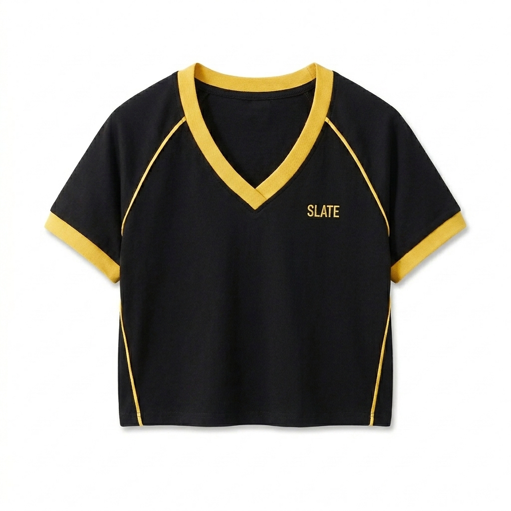 Custom Contrast Trim V-Neck Crop T-Shirt design direction 1: Tonal Minimalist Wordmark featuring the SLATE wordmark