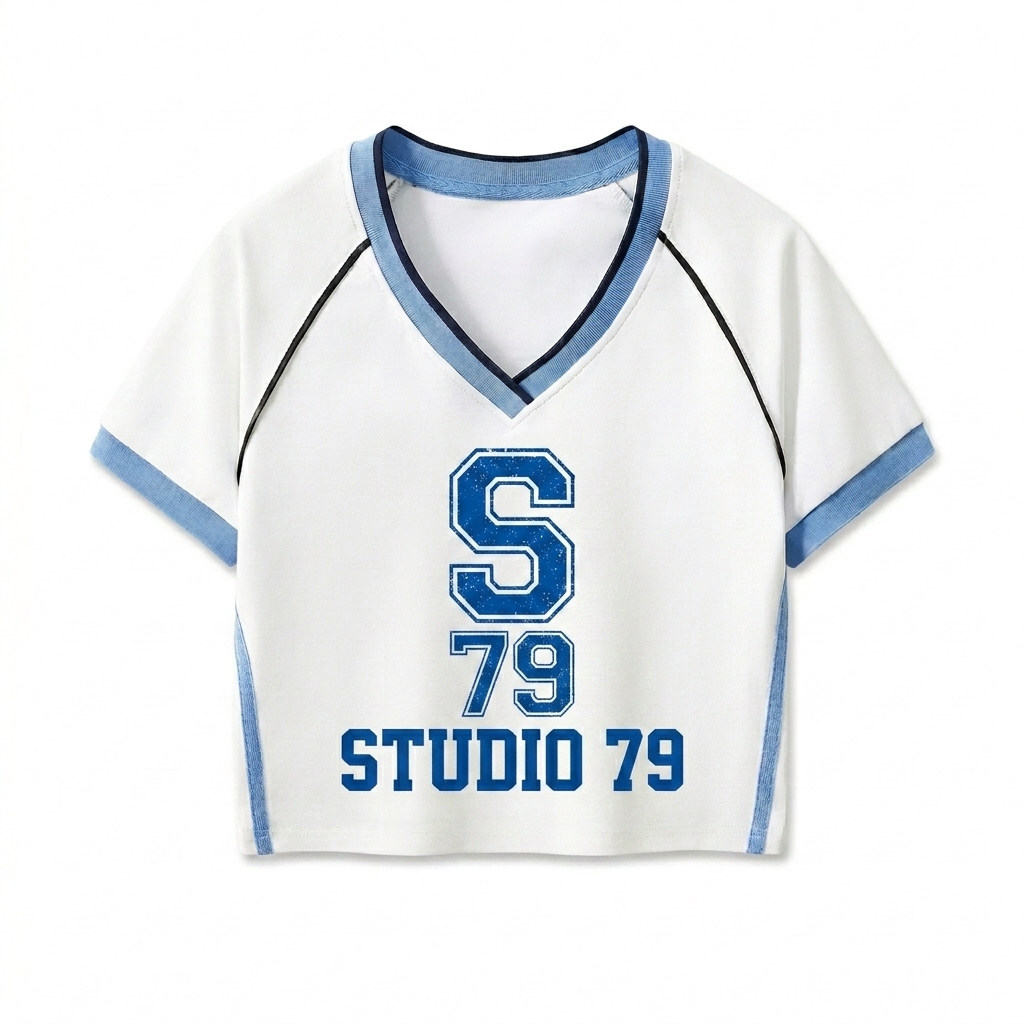 Custom Contrast Trim V-Neck Crop T-Shirt design direction 2: Retro Collegiate Graphic featuring the STUDIO 79 wordmark