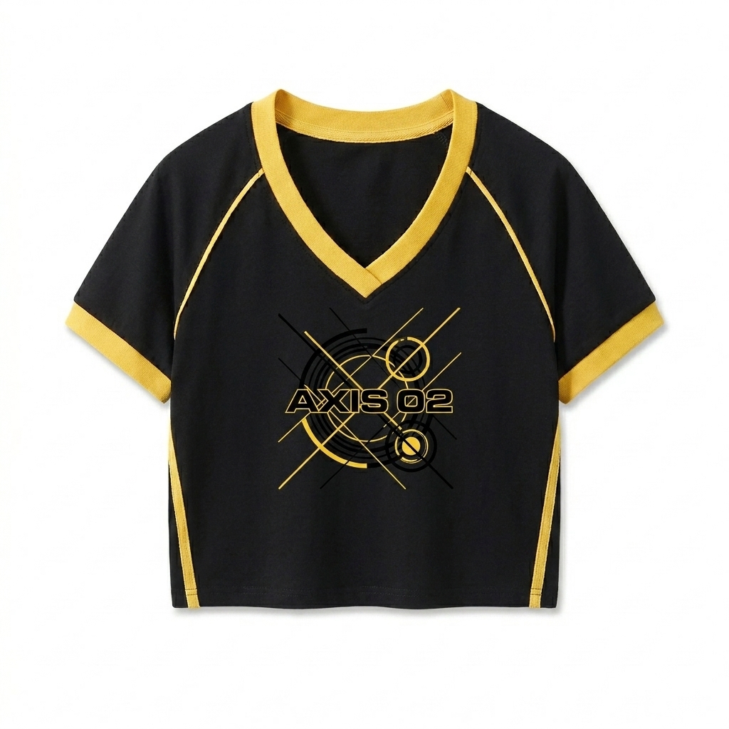 Custom Contrast Trim V-Neck Crop T-Shirt design direction 3: Abstract Geometric Print featuring the AXIS 02 wordmark