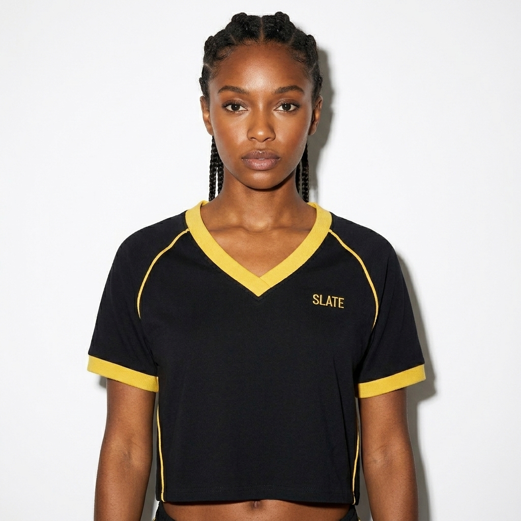 Contrast Trim V-Neck Crop T-Shirt worn by a petite Afro-Caribbean female fashion influencer, downtown streetwear styling, studio lookbook — custom contrast trim v-neck crop t-shirt