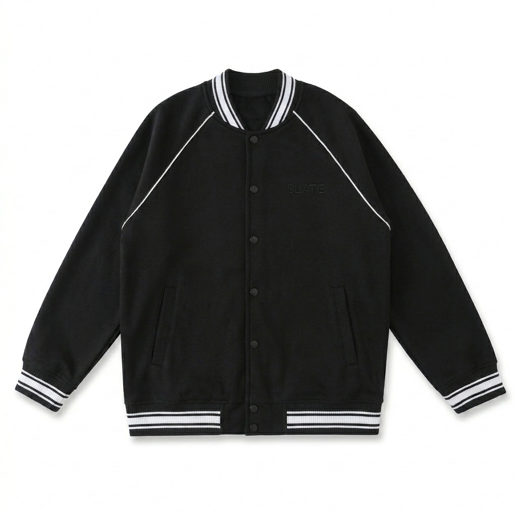 Custom Contrast Trim Varsity Jacket design direction 1: Tonal Identity featuring the SLATE wordmark