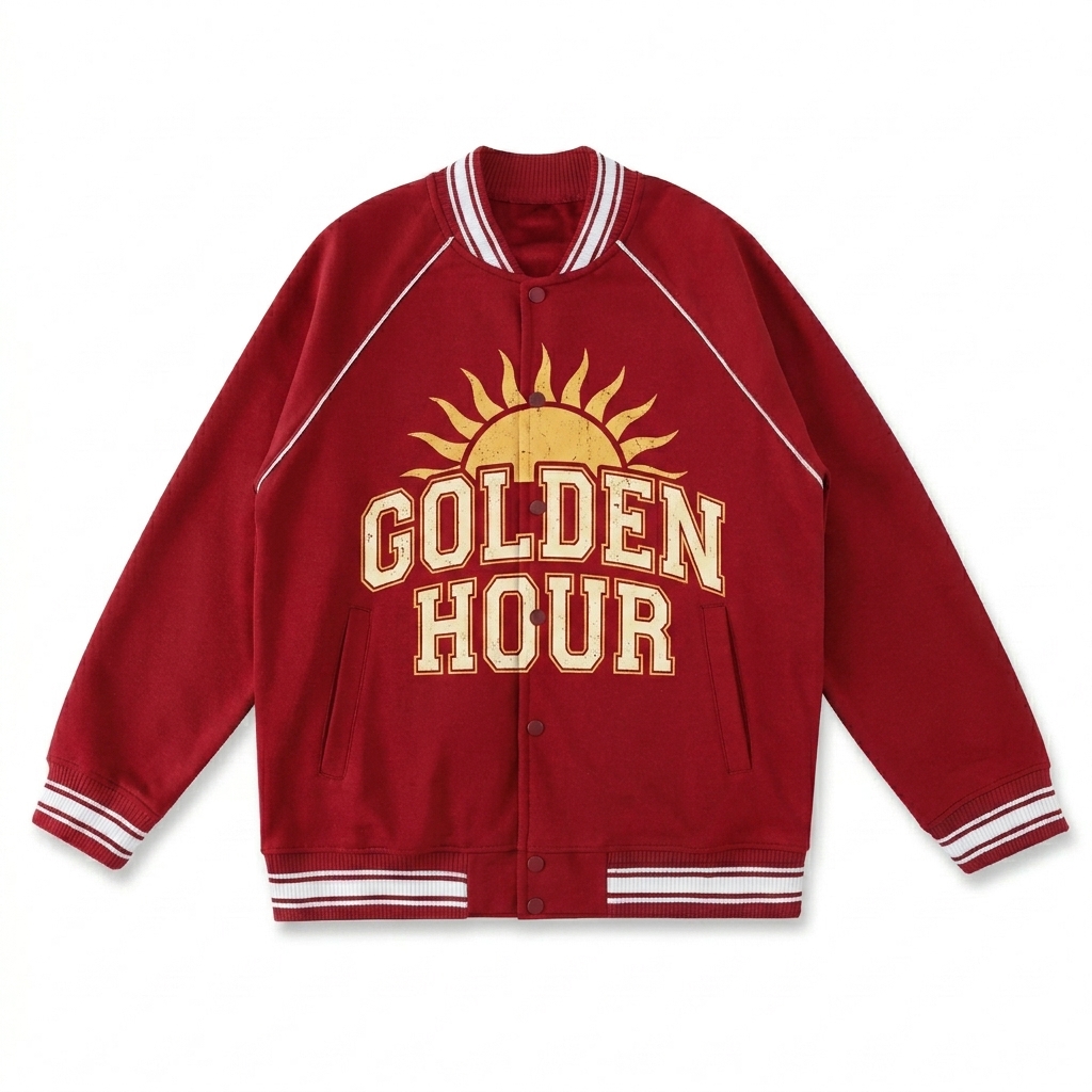 Custom Contrast Trim Varsity Jacket design direction 2: Varsity Spirit featuring the GOLDEN HOUR wordmark