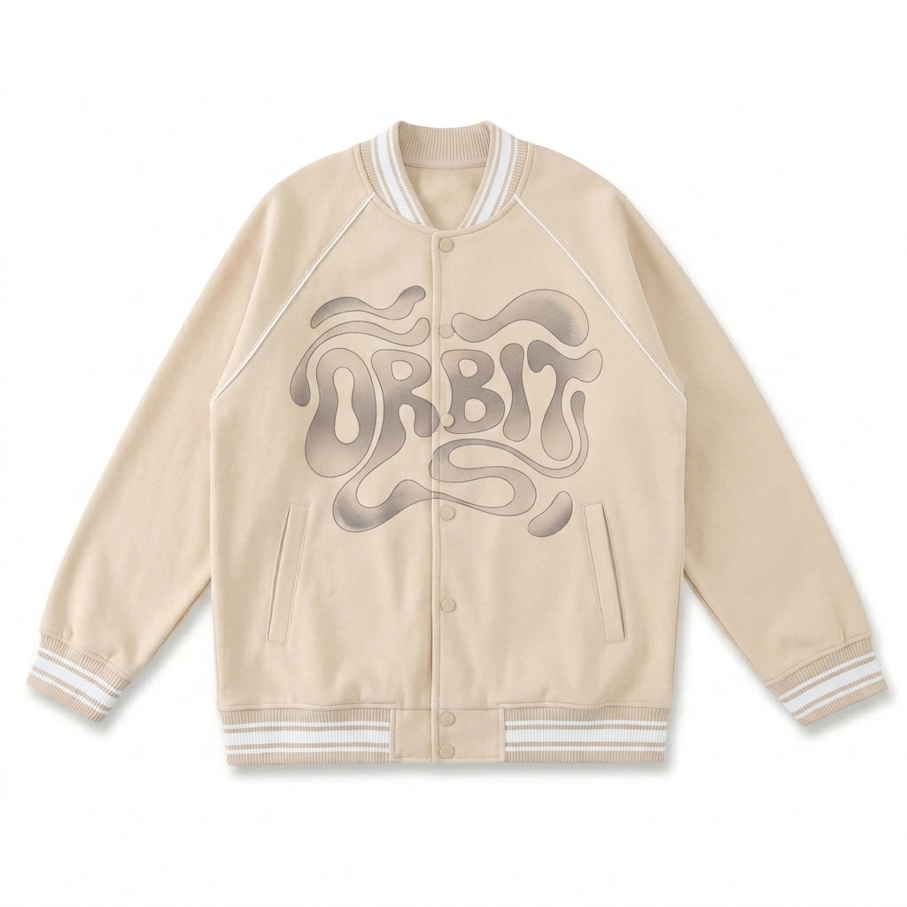 Custom Contrast Trim Varsity Jacket design direction 3: Abstract Flow featuring the ORBIT wordmark