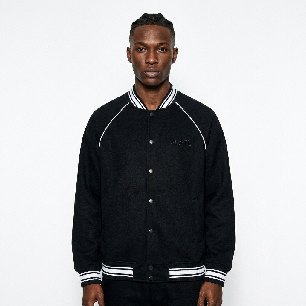 Contrast Trim Varsity Jacket worn by a slim tall African American male fashion influencer, gorpcore outdoor styling, studio lookbook — custom contrast trim varsity jacket