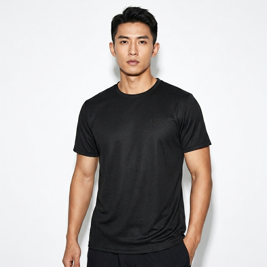 Cooling Performance T-Shirt worn by a petite Chinese male fashion influencer, workwear utility styling, studio lookbook — custom cooling performance t-shirt
