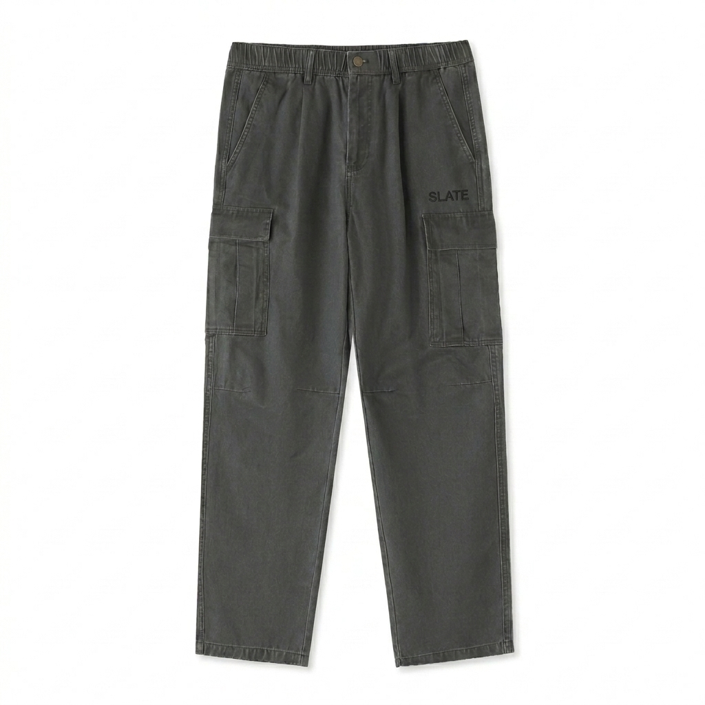 Custom Cotton Elastic-Waist Cargo Pants design direction 1: Tonal Identity Wordmark featuring the SLATE wordmark