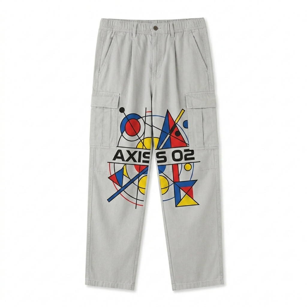 Custom Cotton Elastic-Waist Cargo Pants design direction 2: Abstract Geometric Patch featuring the AXIS 02 wordmark