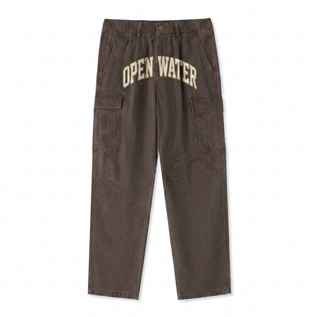Custom Cotton Elastic-Waist Cargo Pants design direction 3: Vintage Collegiate Emblem featuring the OPEN WATER wordmark