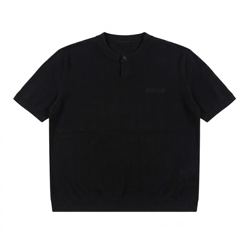Custom Cotton Knit Henley T-Shirt design direction 1: Subtle Tonal Wordmark featuring the SLOW CLUB wordmark