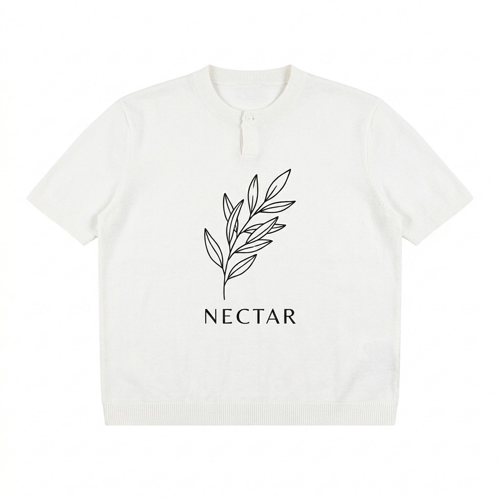 Custom Cotton Knit Henley T-Shirt design direction 2: Botanical Line Art featuring the NECTAR wordmark