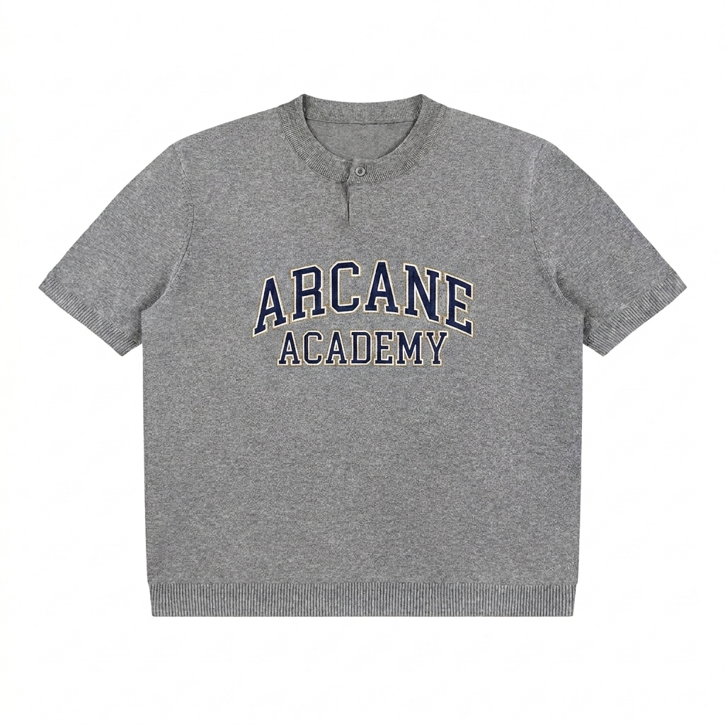Custom Cotton Knit Henley T-Shirt design direction 3: Collegiate Emblem featuring the ARCANE ACADEMY wordmark