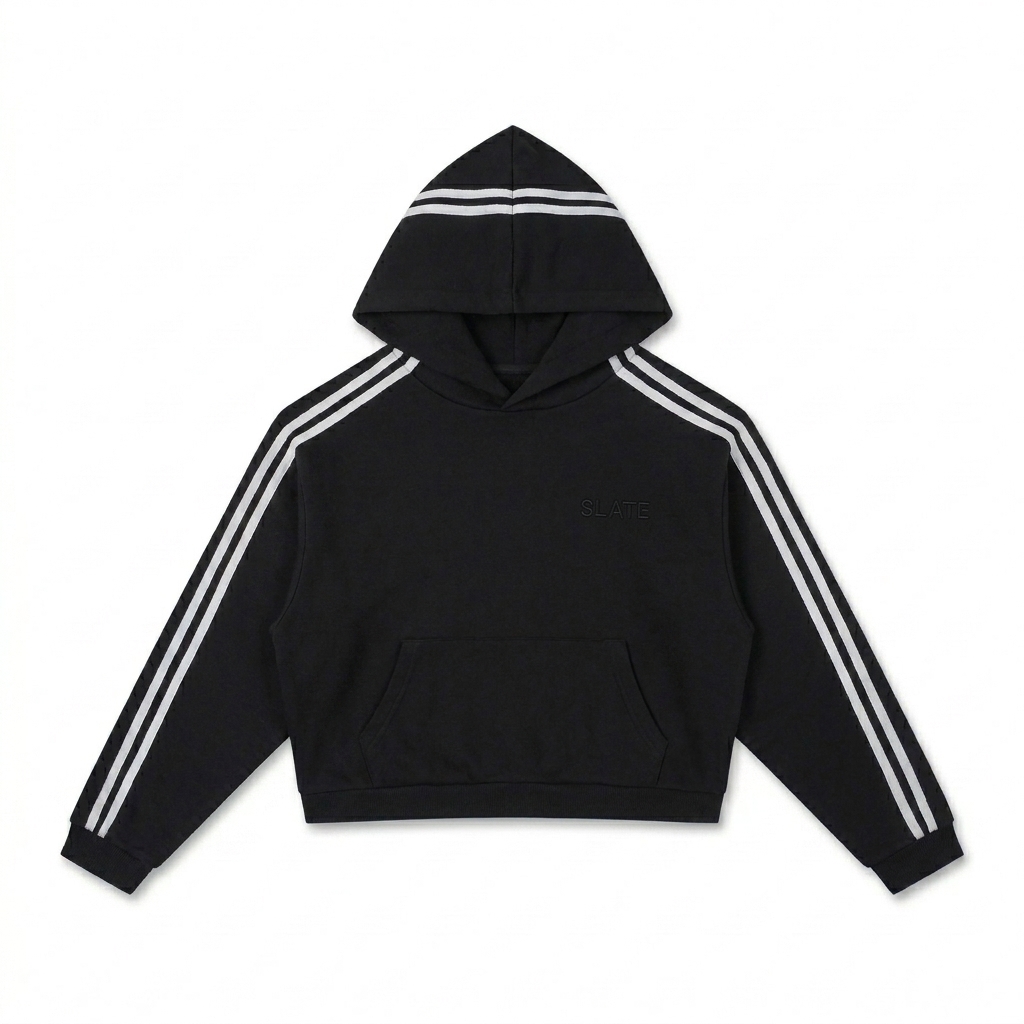 Custom Cropped Contrast Hoodie design direction 1: Subtle Tonal Embroidery featuring the SLATE wordmark