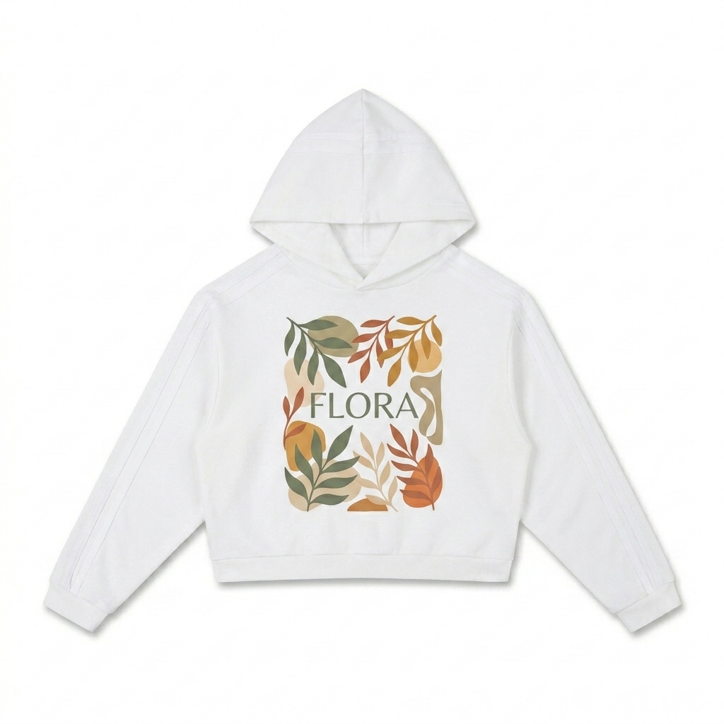 Custom Cropped Contrast Hoodie design direction 2: Abstract Botanical Print featuring the FLORA wordmark