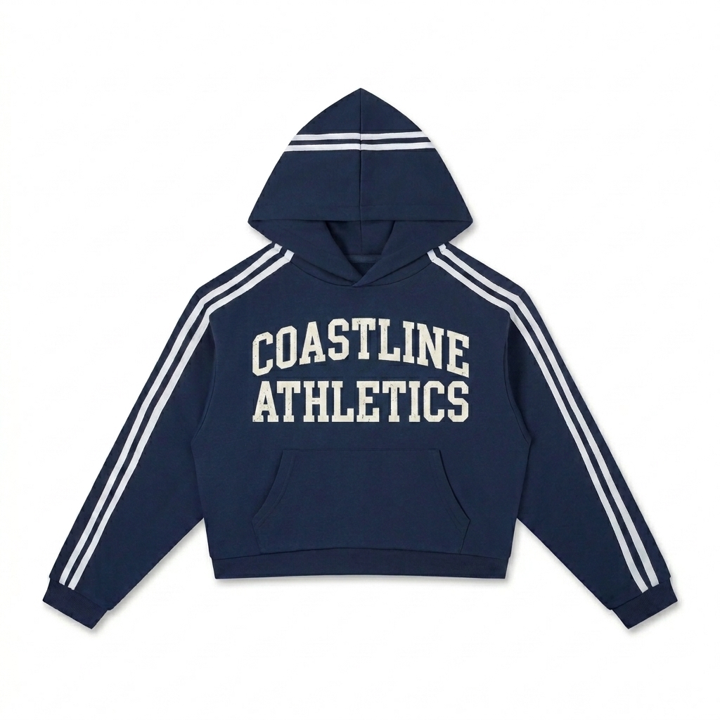 Custom Cropped Contrast Hoodie design direction 3: Varsity Lettering Chest Print featuring the COASTLINE ATHLETICS wordmark
