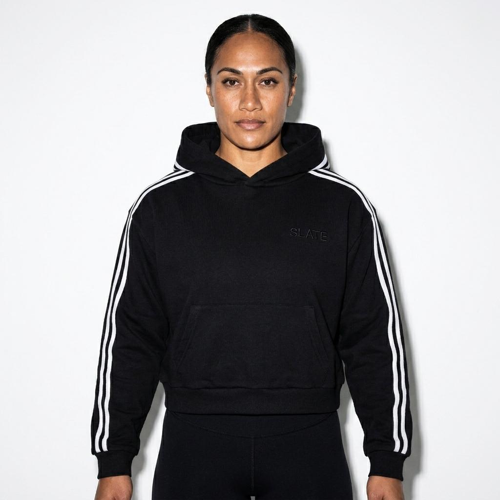 Cropped Contrast Hoodie worn by a athletic muscular Māori female fashion influencer, y2k revival styling, studio lookbook — custom cropped contrast hoodie