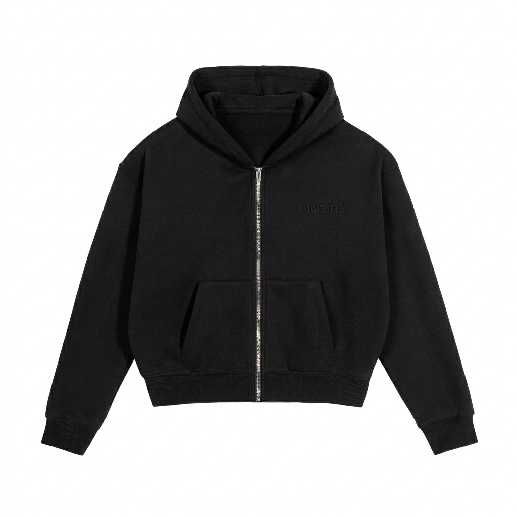 Custom Cropped Fleece Zip-Up Hoodie design direction 1: Subtle Tonal Wordmark featuring the SLOW CLUB wordmark