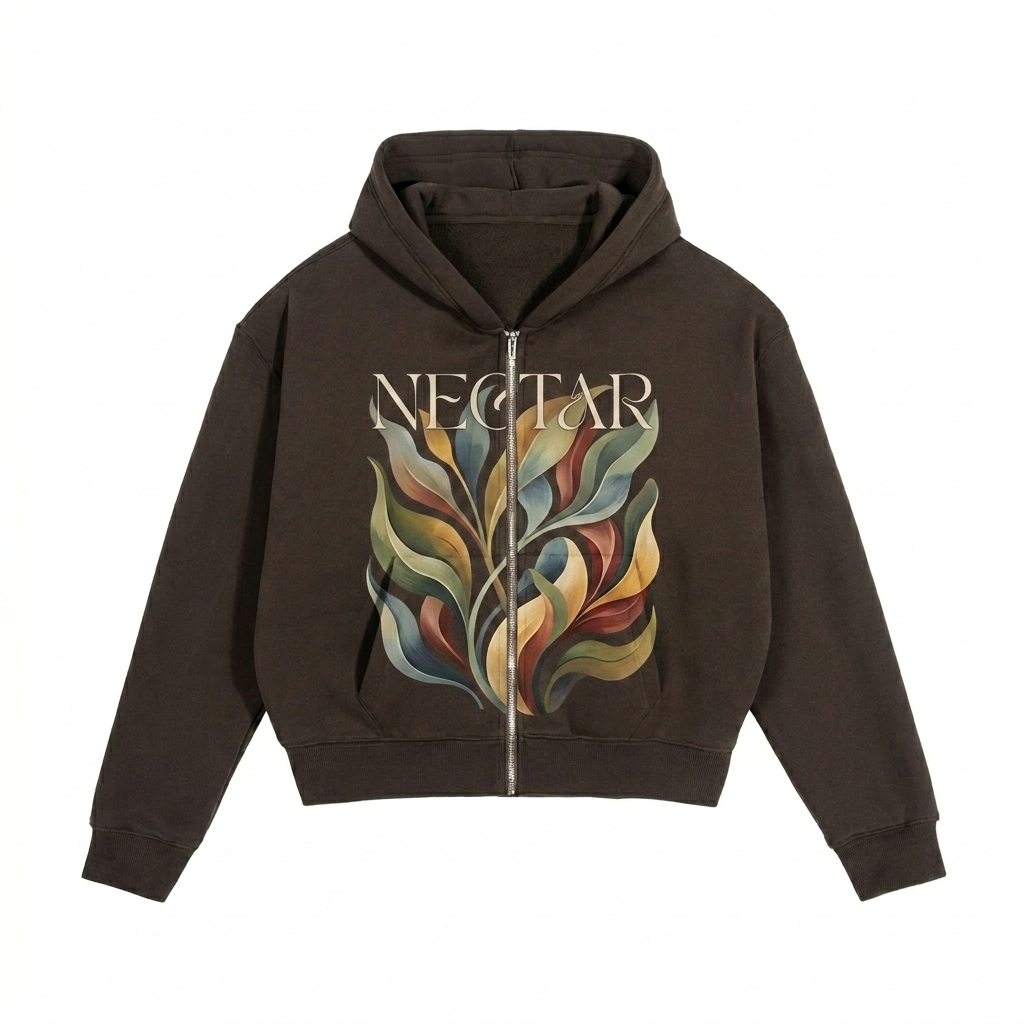Custom Cropped Fleece Zip-Up Hoodie design direction 2: Abstract Botanical Graphic featuring the NECTAR wordmark