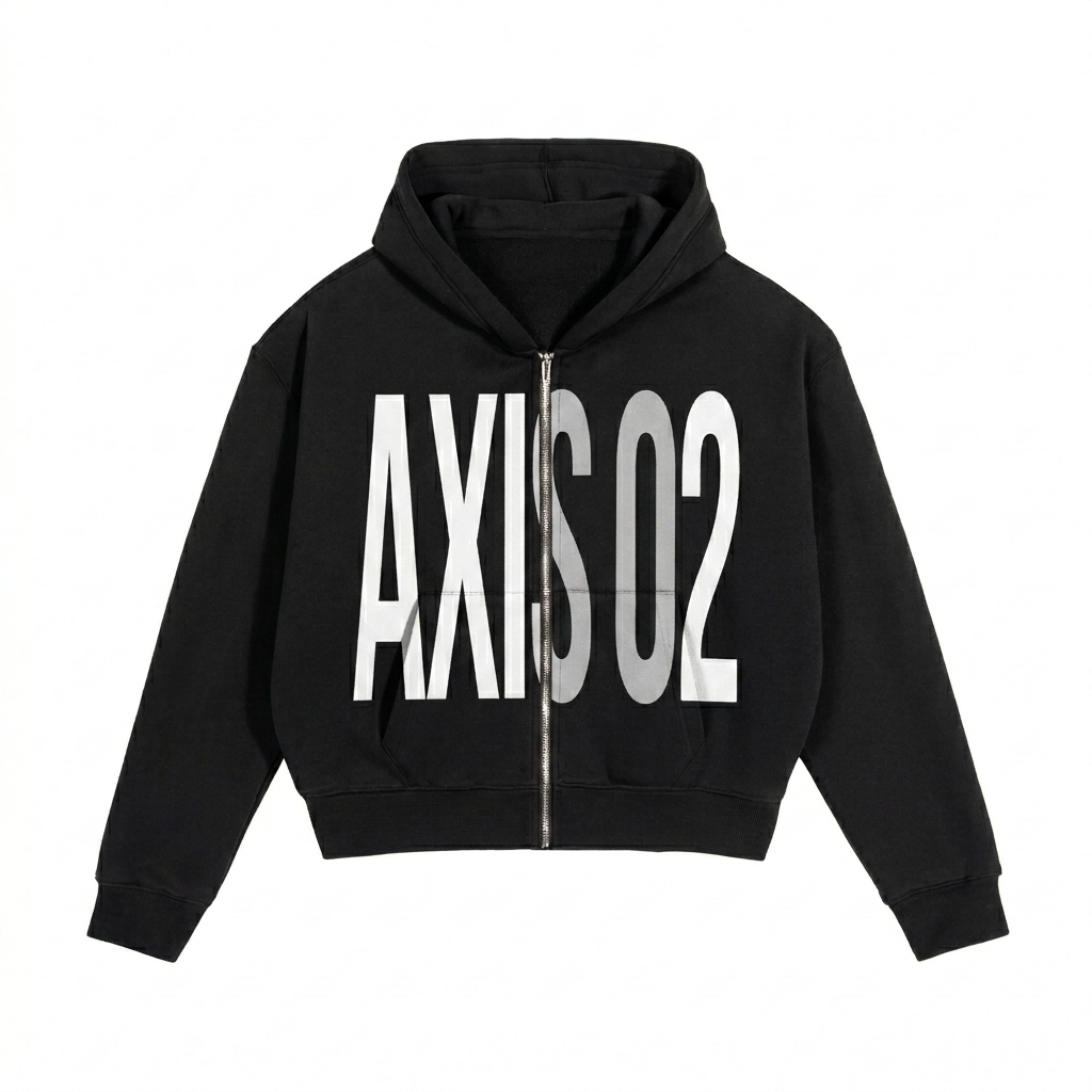 Custom Cropped Fleece Zip-Up Hoodie design direction 3: Distorted Typographic Statement featuring the AXIS 02 wordmark