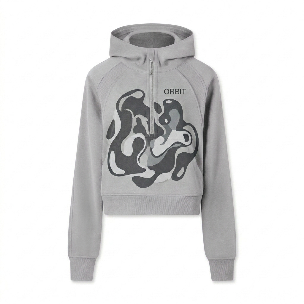 Custom Cropped Half-Zip Hoodie design direction 2: Bold Abstract Graphic featuring the ORBIT wordmark