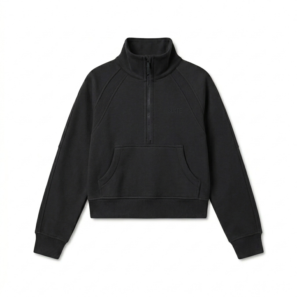 Custom Cropped Half-Zip Sweatshirt design direction 1: Tonal Minimalist Wordmark featuring the SLATE wordmark