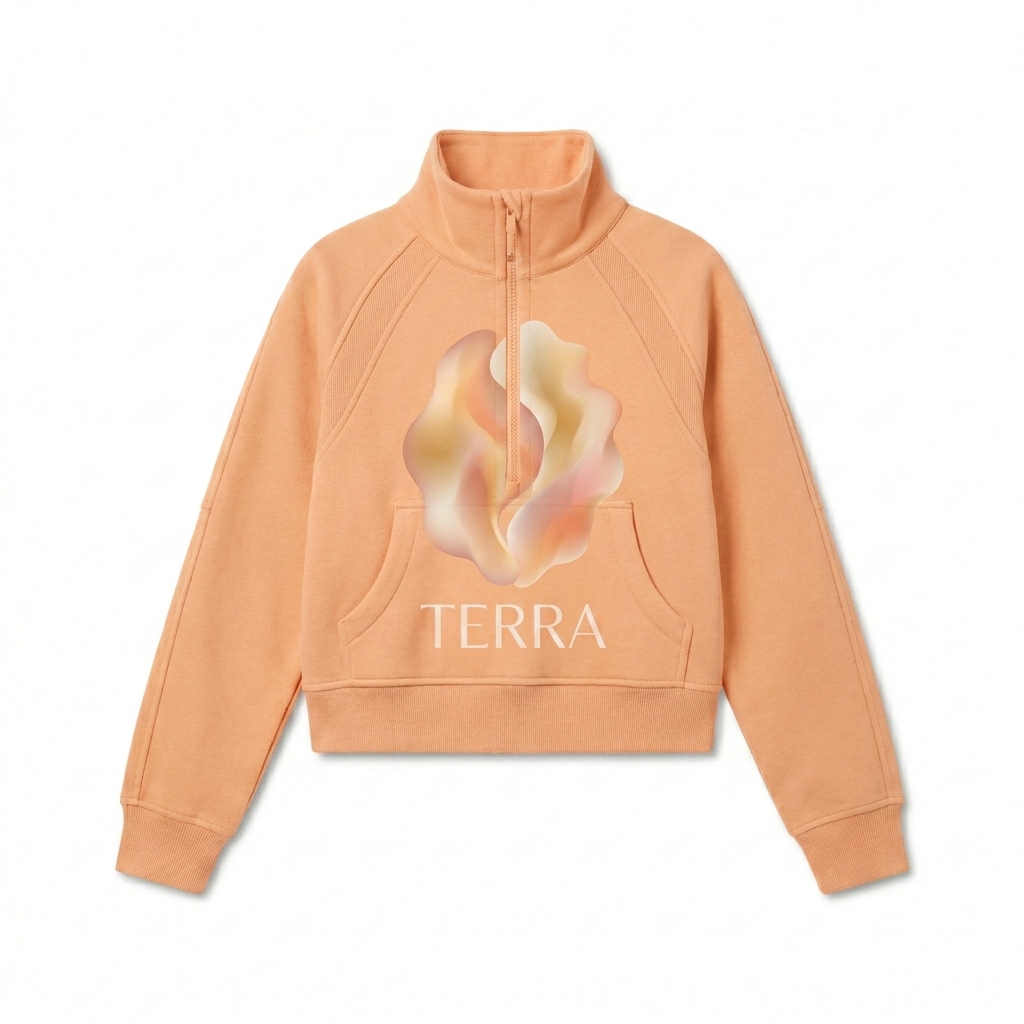 Custom Cropped Half-Zip Sweatshirt design direction 2: Bold Abstract Graphic featuring the TERRA wordmark
