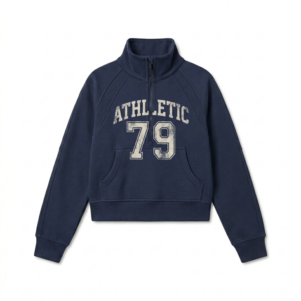 Custom Cropped Half-Zip Sweatshirt design direction 3: Retro Collegiate Emblem featuring the ATHLETIC 79 wordmark