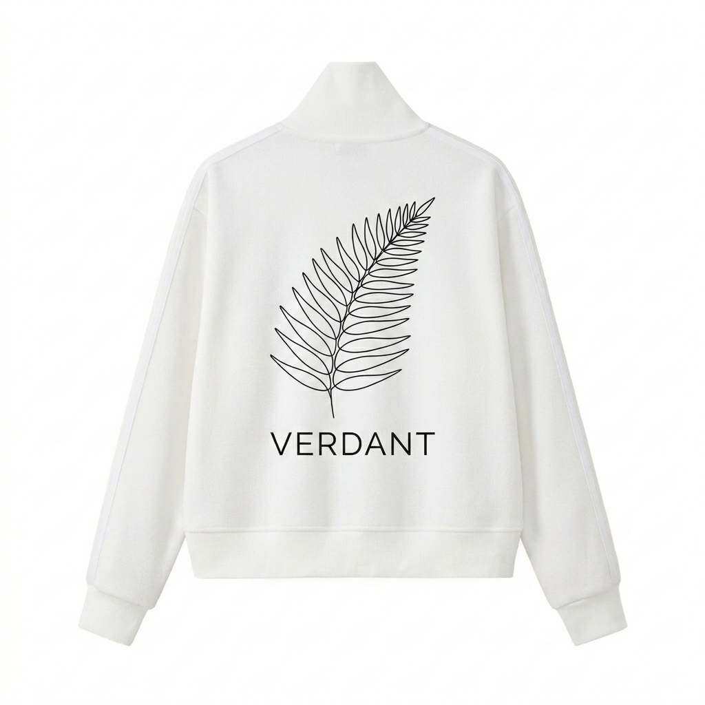 Custom Cropped Track Jacket design direction 2: Botanical Line Art featuring the VERDANT wordmark