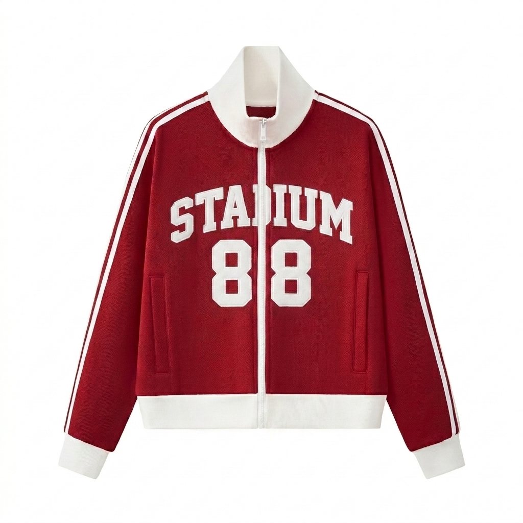 Custom Cropped Track Jacket design direction 3: Varsity Lettering featuring the STADIUM 88 wordmark