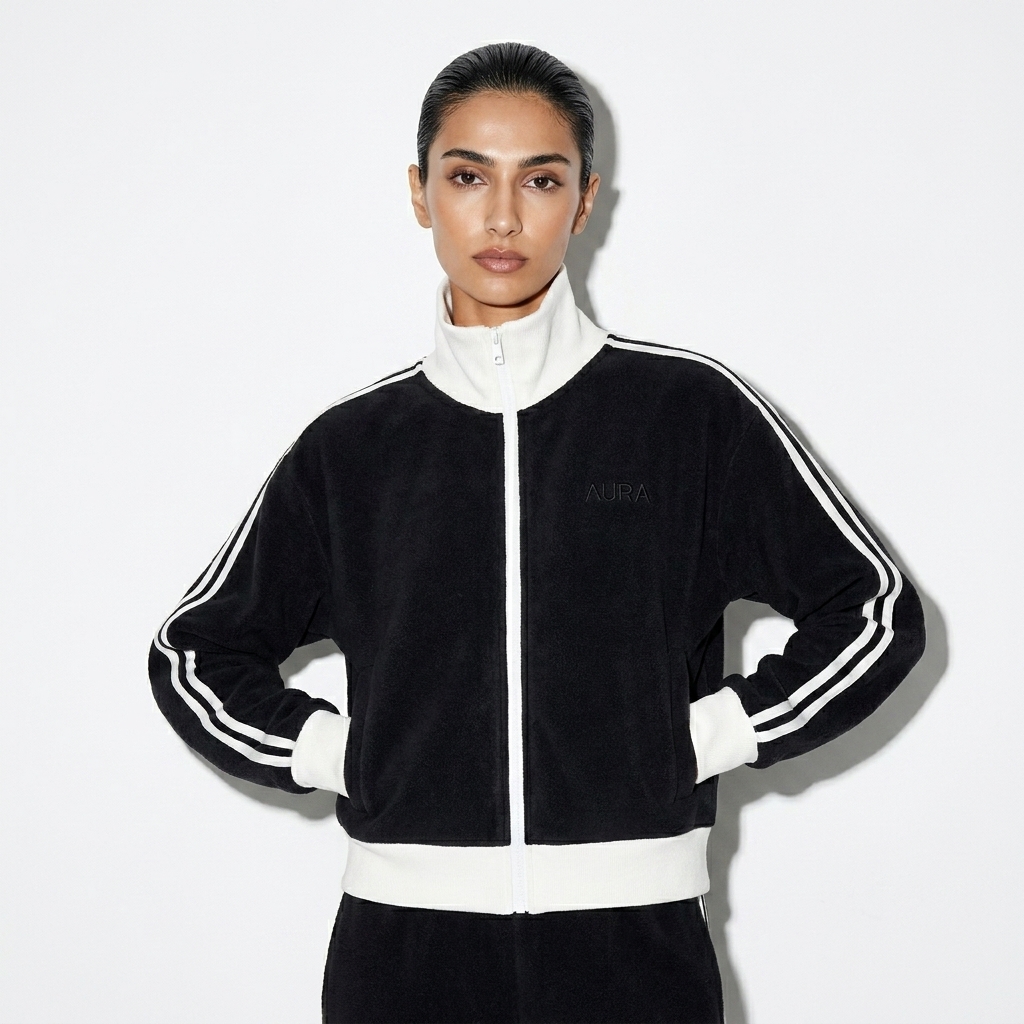 Cropped Track Jacket worn by a lean Persian female fashion influencer, preppy ivy styling, studio lookbook — custom cropped track jacket
