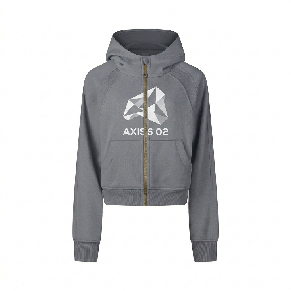 Custom Cropped Zip-Up Hoodie design direction 2: Abstract Geometric Graphic featuring the AXIS 02 wordmark