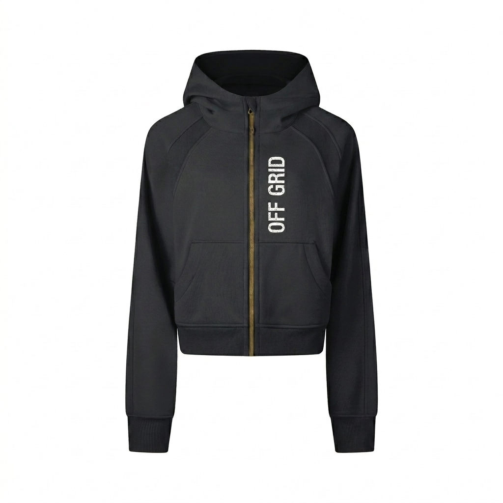 Custom Cropped Zip-Up Hoodie design direction 3: Vertical Typography Experiment featuring the OFF GRID wordmark