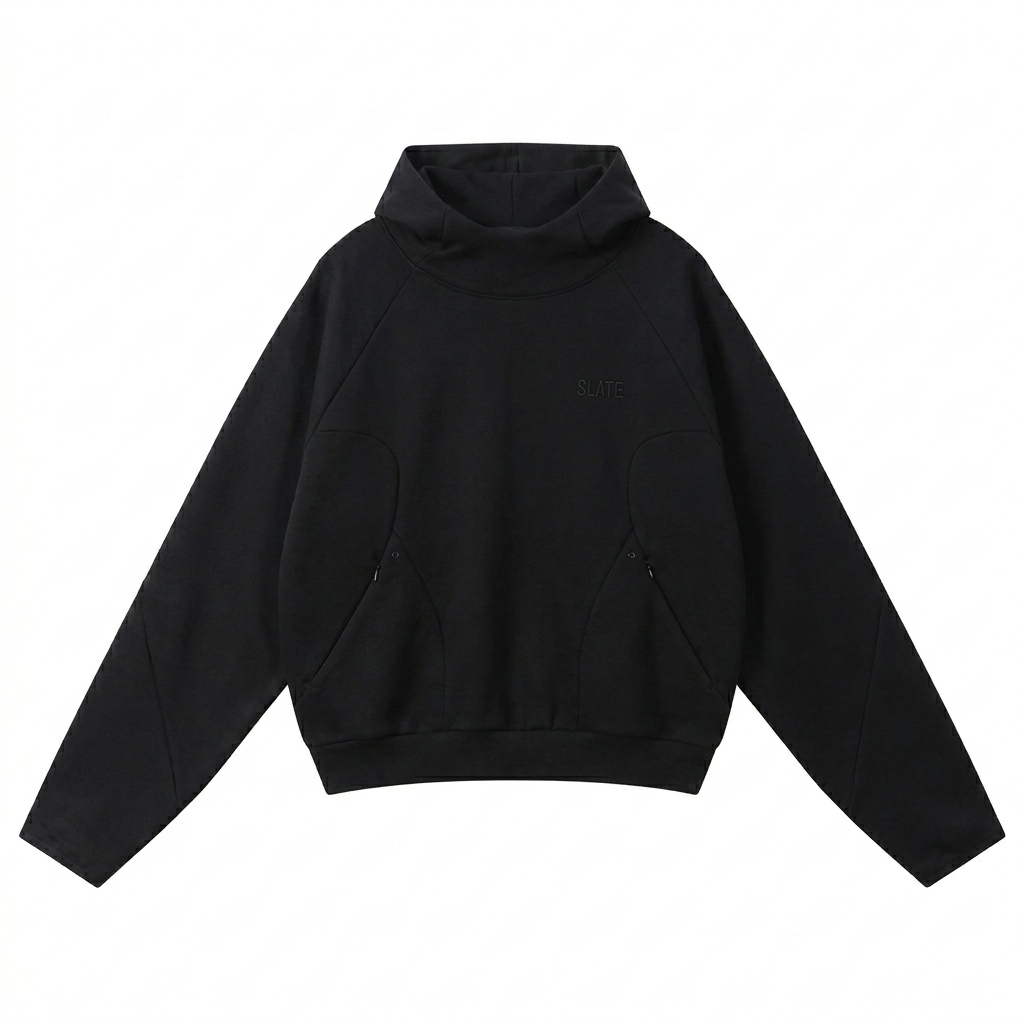 Custom Curved Panel Raglan Hoodie design direction 1: Tonal Modern Wordmark featuring the SLATE wordmark