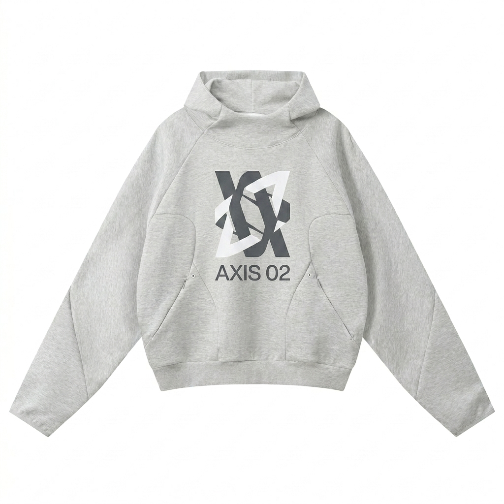 Custom Curved Panel Raglan Hoodie design direction 2: Abstract Geometric Graphic featuring the AXIS 02 wordmark