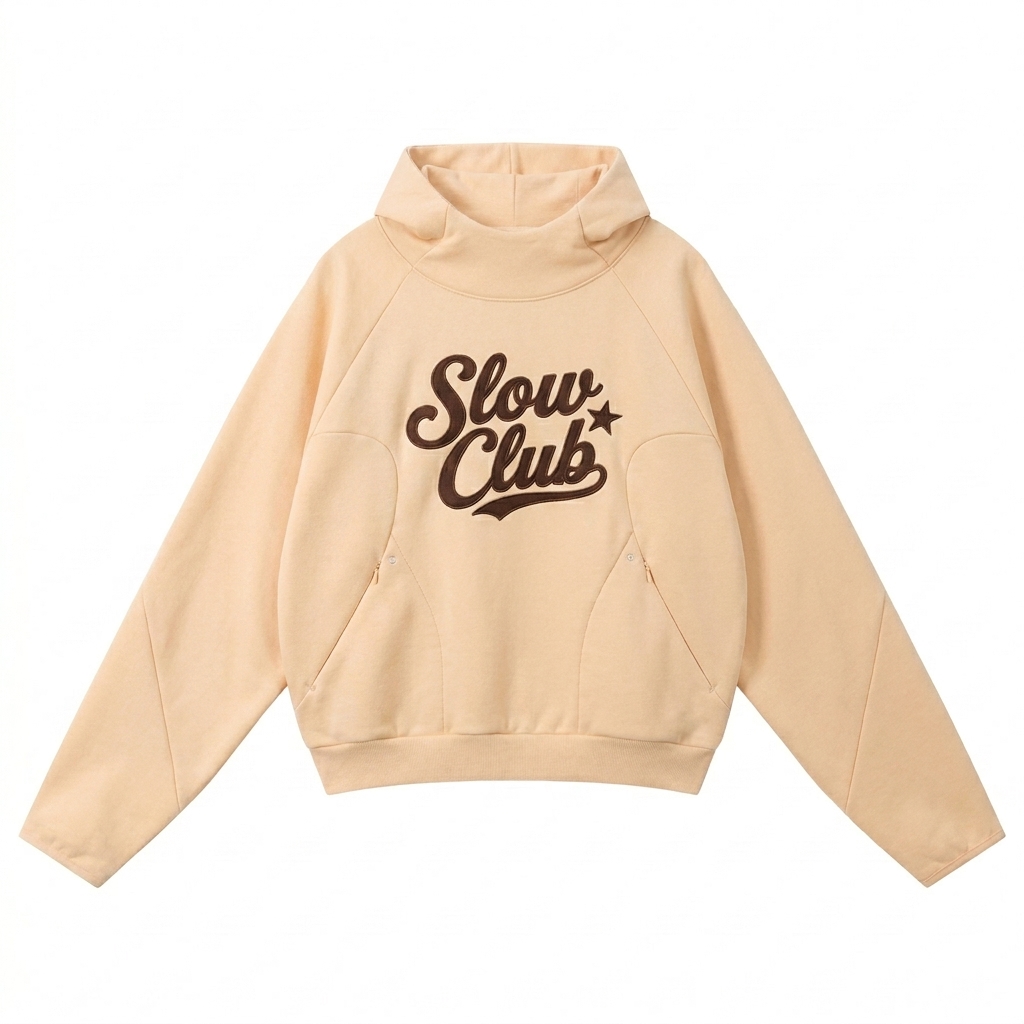 Custom Curved Panel Raglan Hoodie design direction 3: Varsity Script Emblem featuring the SLOW CLUB wordmark
